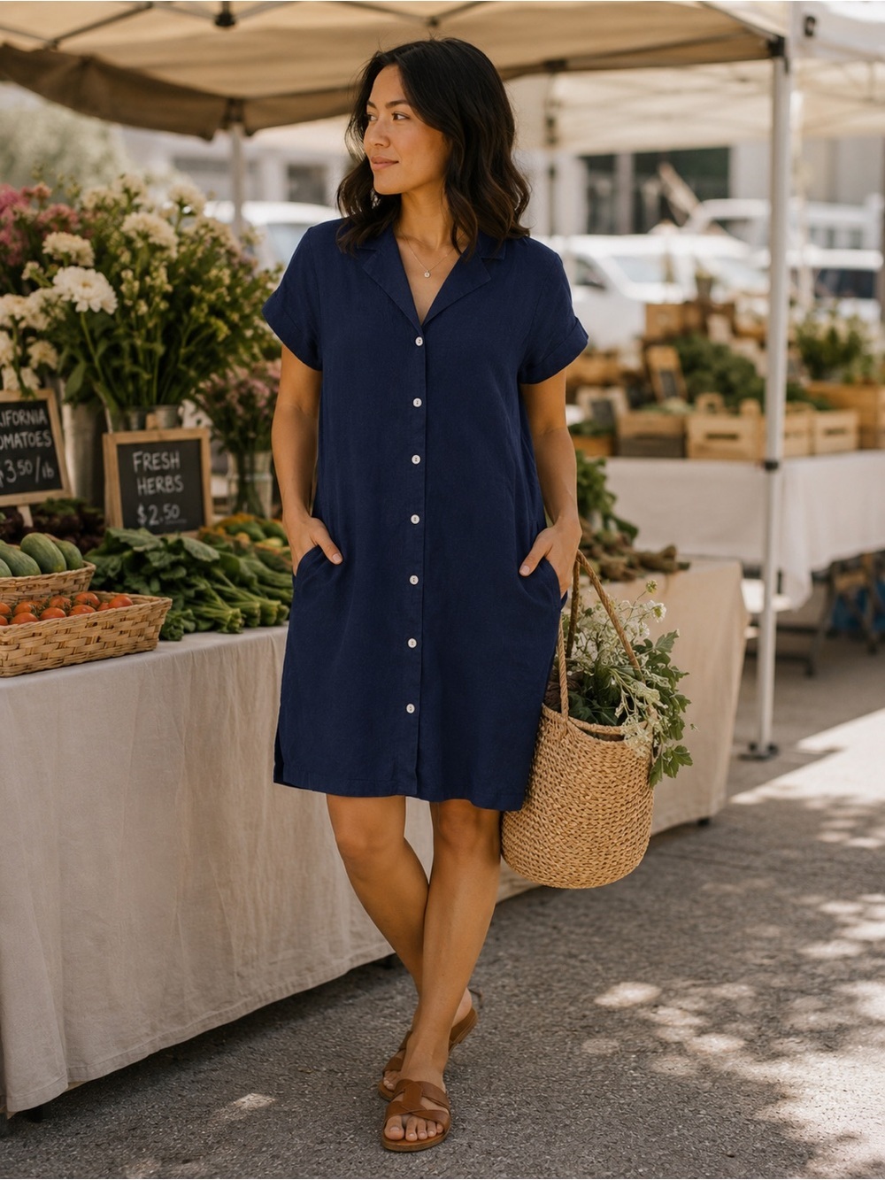 Tahari Linen Minimalist Button Front Pocket Dress Coastal Minimalist